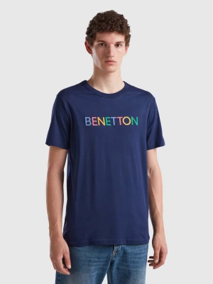 Benetton, Dark Blue T-shirt In Organic Cotton With Multicolored Logo, size M, Dark Blue, Men United Colors of Benetton