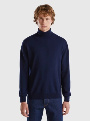 Benetton, Dark Blue Turtleneck In Pure Merino Wool, size L, Dark Blue, Men United Colors of Benetton