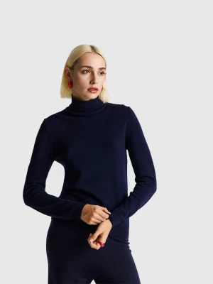 Benetton, Dark Blue Turtleneck In Pure Merino Wool, Size: XXS, Dark Blue, Women United Colors of Benetton