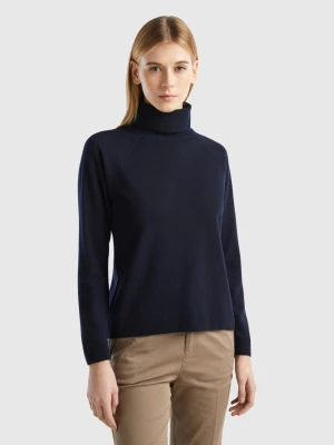 Benetton, Dark Blue Turtleneck Sweater In Cashmere And Wool Blend, size L, Dark Blue, Women United Colors of Benetton