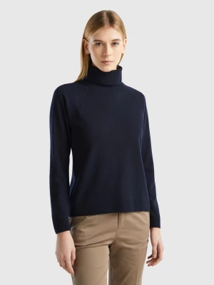 Benetton, Dark Blue Turtleneck Sweater In Cashmere And Wool Blend, size M, Dark Blue, Women United Colors of Benetton