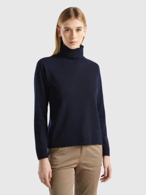 Benetton, Dark Blue Turtleneck Sweater In Cashmere And Wool Blend, size XL, Dark Blue, Women United Colors of Benetton