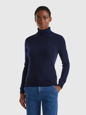 Benetton, Dark Blue Turtleneck Sweater In Pure Merino Wool, size L, Dark Blue, Women United Colors of Benetton