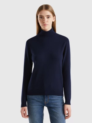 Benetton, Dark Blue Turtleneck Sweater In Pure Merino Wool, size L, Dark Blue, Women United Colors of Benetton