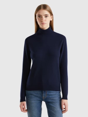 Benetton, Dark Blue Turtleneck Sweater In Pure Merino Wool, size XL, Dark Blue, Women United Colors of Benetton