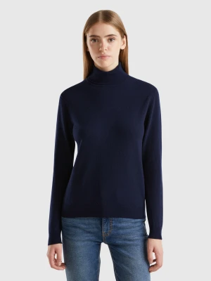 Benetton, Dark Blue Turtleneck Sweater In Pure Merino Wool, size XS, Dark Blue, Women United Colors of Benetton