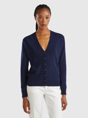 Benetton, Dark Blue V-neck Cardigan In Pure Merino Wool, size L, Dark Blue, Women United Colors of Benetton