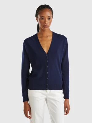 Benetton, Dark Blue V-neck Cardigan In Pure Merino Wool, size L, Dark Blue, Women United Colors of Benetton