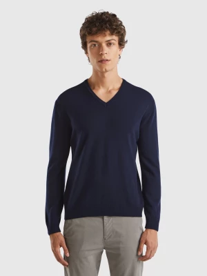 Benetton, Dark Blue V-neck Sweater In Pure Merino Wool, size L, Dark Blue, Men United Colors of Benetton