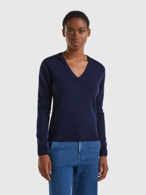 Benetton, Dark Blue V-neck Sweater In Pure Merino Wool, size L, Dark Blue, Women United Colors of Benetton