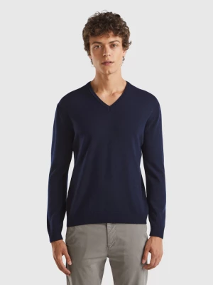Benetton, Dark Blue V-neck Sweater In Pure Merino Wool, size XL, Dark Blue, Men United Colors of Benetton