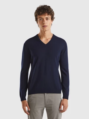 Benetton, Dark Blue V-neck Sweater In Pure Merino Wool, size XS, Dark Blue, Men United Colors of Benetton