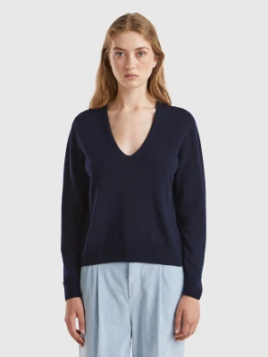 Benetton, Dark Blue V-neck Sweater In Pure Merino Wool, Size: XXS, Dark Blue, Women United Colors of Benetton