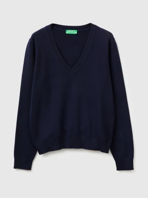 Benetton, Dark Blue V-neck Sweater In Tricot Cotton, Size: XS, Dark Blue, Women United Colors of Benetton