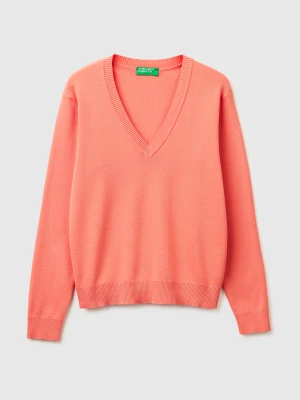 Benetton, Dark Blue V-neck Sweater In Tricot Cotton, Size: XS, Peach, Women United Colors of Benetton