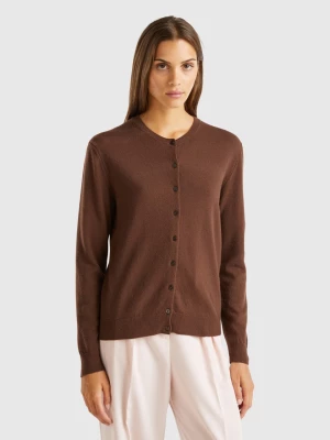 Benetton, Dark Brown Crew Neck Cardigan In Pure Merino Wool, size L, Dark Brown, Women United Colors of Benetton