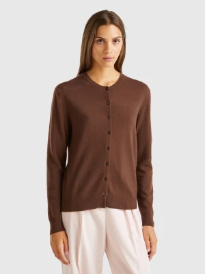 Benetton, Dark Brown Crew Neck Cardigan In Pure Merino Wool, size S, Dark Brown, Women United Colors of Benetton