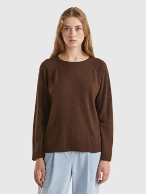 Benetton, Dark Brown Crew Neck Sweater In Cashmere And Wool Blend, Size: XXS, Dark Brown, Women United Colors of Benetton