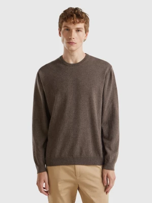 Benetton, Dark Brown Crew Neck Sweater In Pure Merino Wool, size L, Dark Brown, Men United Colors of Benetton