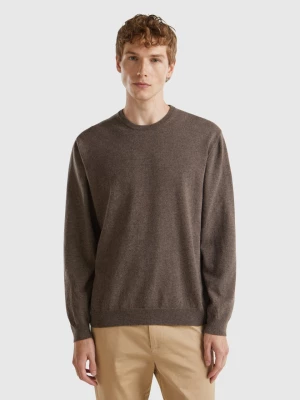 Benetton, Dark Brown Crew Neck Sweater In Pure Merino Wool, size M, Dark Brown, Men United Colors of Benetton