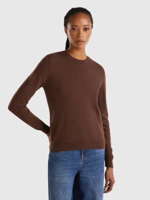 Benetton, Dark Brown Crew Neck Sweater In Pure Merino Wool, size M, Dark Brown, Women United Colors of Benetton