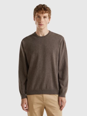 Benetton, Dark Brown Crew Neck Sweater In Pure Merino Wool, size S, Dark Brown, Men United Colors of Benetton