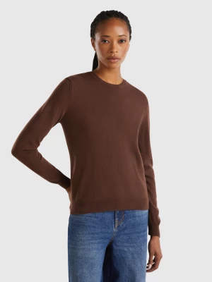 Benetton, Dark Brown Crew Neck Sweater In Pure Merino Wool, size S, Dark Brown, Women United Colors of Benetton