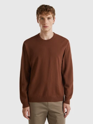 Benetton, Dark Brown Crew Neck Sweater In Pure Merino Wool, Size: XS, Brown, Men United Colors of Benetton