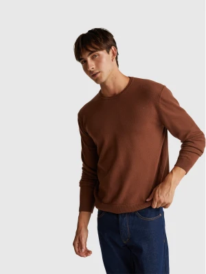 Benetton, Dark Brown Crew Neck Sweater In Pure Merino Wool, Size: XS, Brown, Men United Colors of Benetton