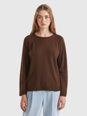 Benetton, Dark Brown Crew Neck Sweater In Wool And Cashmere Blend, size L, Dark Brown, Women United Colors of Benetton