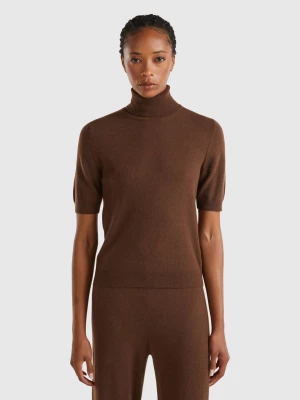 Benetton, Dark Brown Short Sleeve Turtleneck In Cashmere Blend, size L, Dark Brown, Women United Colors of Benetton