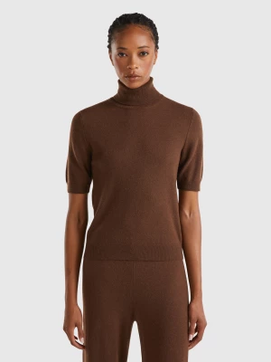 Benetton, Dark Brown Short Sleeve Turtleneck In Cashmere Blend, size L, Dark Brown, Women United Colors of Benetton