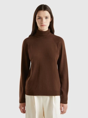 Benetton, Dark Brown Turtleneck In Wool And Cashmere Blend, size L, Dark Brown, Women United Colors of Benetton