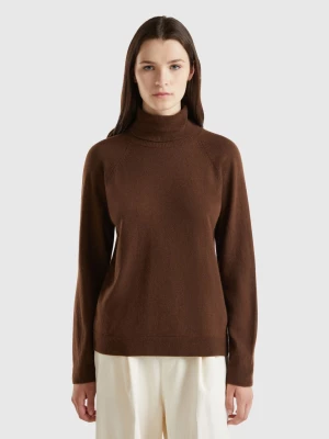 Benetton, Dark Brown Turtleneck In Wool And Cashmere Blend, size M, Dark Brown, Women United Colors of Benetton