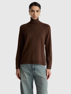 Benetton, Dark Brown Turtleneck Sweater In Cashmere And Wool Blend, Size: XXS, Dark Brown, Women United Colors of Benetton