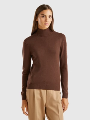 Benetton, Dark Brown Turtleneck Sweater In Pure Merino Wool, size L, Dark Brown, Women United Colors of Benetton