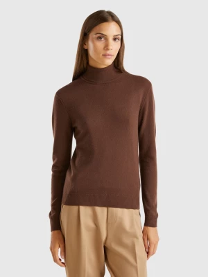 Benetton, Dark Brown Turtleneck Sweater In Pure Merino Wool, size M, Dark Brown, Women United Colors of Benetton