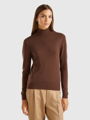 Benetton, Dark Brown Turtleneck Sweater In Pure Merino Wool, size XL, Dark Brown, Women United Colors of Benetton