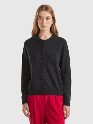 Benetton, Dark Gray Crew Neck Cardigan In Pure Merino Wool, Size: XXS, Dark Gray, Women United Colors of Benetton