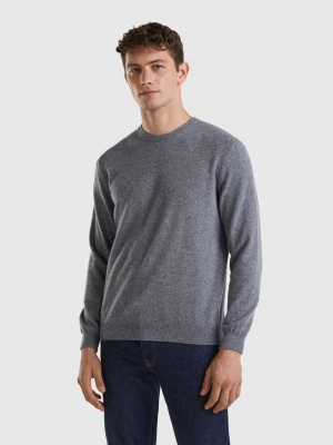 Benetton, Dark Gray Crew Neck Sweater In Pure Merino Wool, size L, Dark Gray, Men United Colors of Benetton