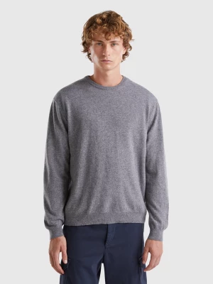 Benetton, Dark Gray Crew Neck Sweater In Pure Merino Wool, size L, Dark Gray, Men United Colors of Benetton