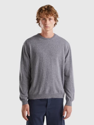 Benetton, Dark Gray Crew Neck Sweater In Pure Merino Wool, size XL, Dark Gray, Men United Colors of Benetton