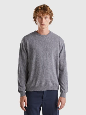 Benetton, Dark Gray Crew Neck Sweater In Pure Merino Wool, size XS, Dark Gray, Men United Colors of Benetton