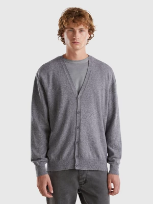 Benetton, Dark Gray V-neck Cardigan In Pure Merino Wool, size L, Dark Gray, Men United Colors of Benetton