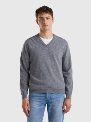 Benetton, Dark Gray V-neck Sweater In Pure Merino Wool, size L, Dark Gray, Men United Colors of Benetton