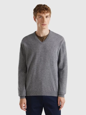 Benetton, Dark Gray V-neck Sweater In Pure Merino Wool, size L, Dark Gray, Men United Colors of Benetton