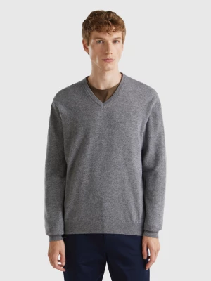 Benetton, Dark Gray V-neck Sweater In Pure Merino Wool, size M, Dark Gray, Men United Colors of Benetton