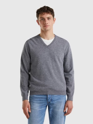 Benetton, Dark Gray V-neck Sweater In Pure Merino Wool, size XL, Dark Gray, Men United Colors of Benetton