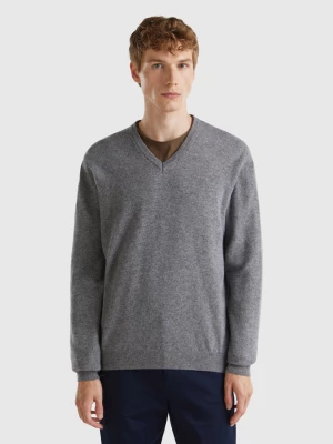 Benetton, Dark Gray V-neck Sweater In Pure Merino Wool, size XL, Dark Gray, Men United Colors of Benetton
