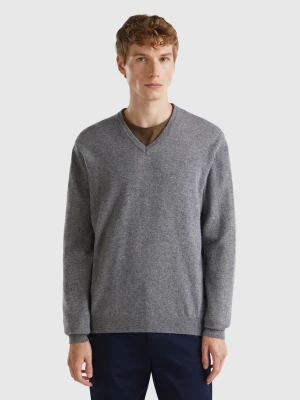 Benetton, Dark Gray V-neck Sweater In Pure Merino Wool, size XS, Dark Gray, Men United Colors of Benetton